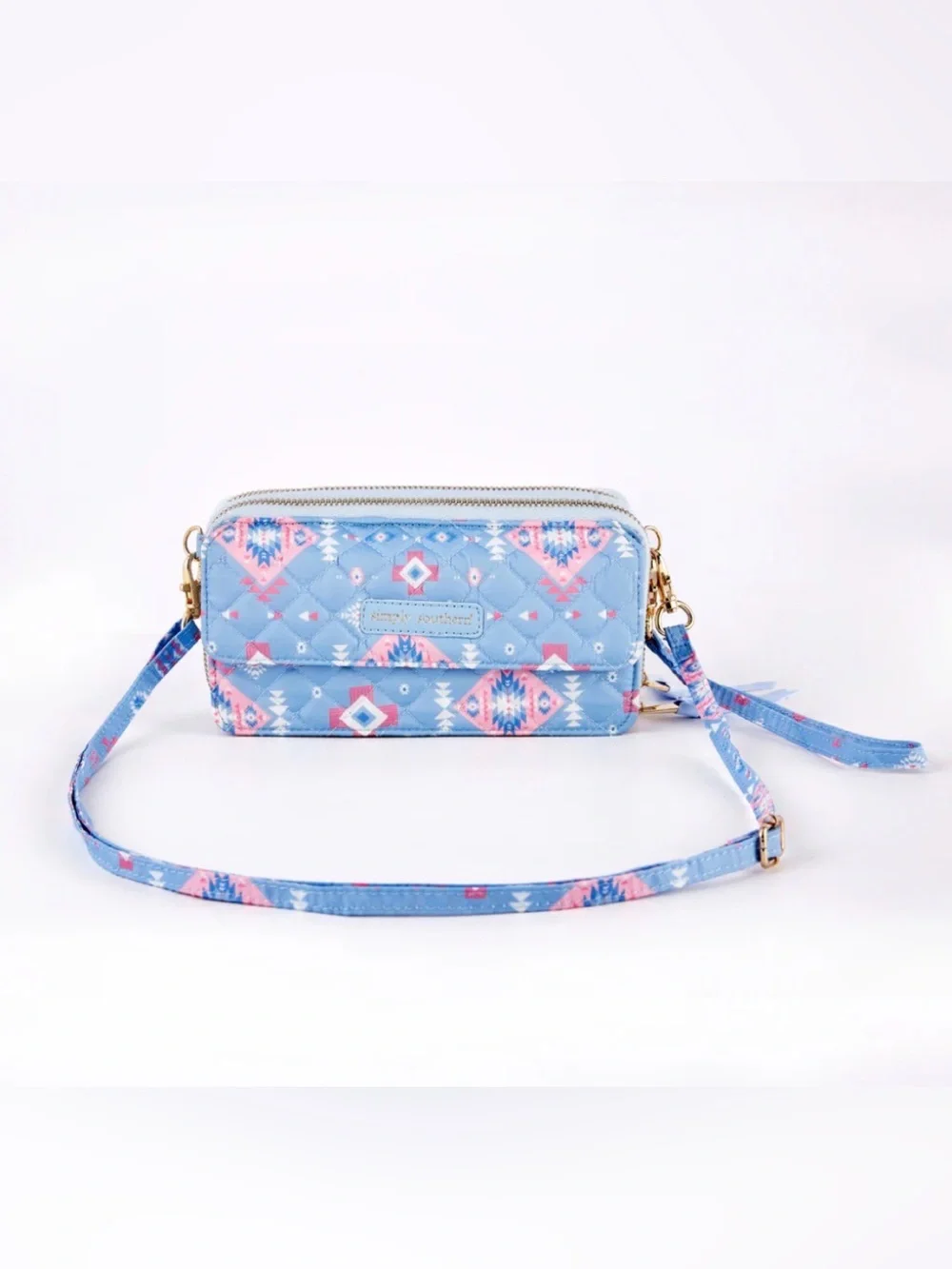Simply Southern Quilted Wallet Crossbody | Blue Aztec Print | LIKE NEW